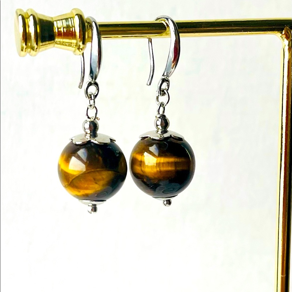 925 Sterling Silver Women’s natural Yellow Tiger Eye stone earrings